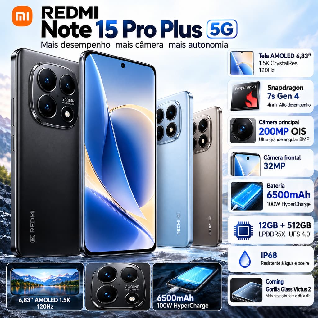 Smartphone Xiaomi Redmi Note 15 Pro Plus 5G 12GB 512GB Tela AMOLED 6.83 1.5K 120Hz Gen 4 Câmera 200MP Bateria 6500mAh 