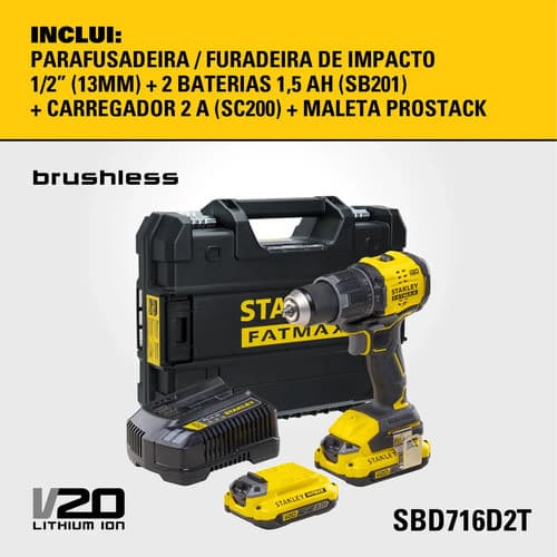 Parafusadeira e Furadeira Stanley SBD716D2T 20V 13mm 2 Baterias Carregador Maleta Furadeira Sem Fio