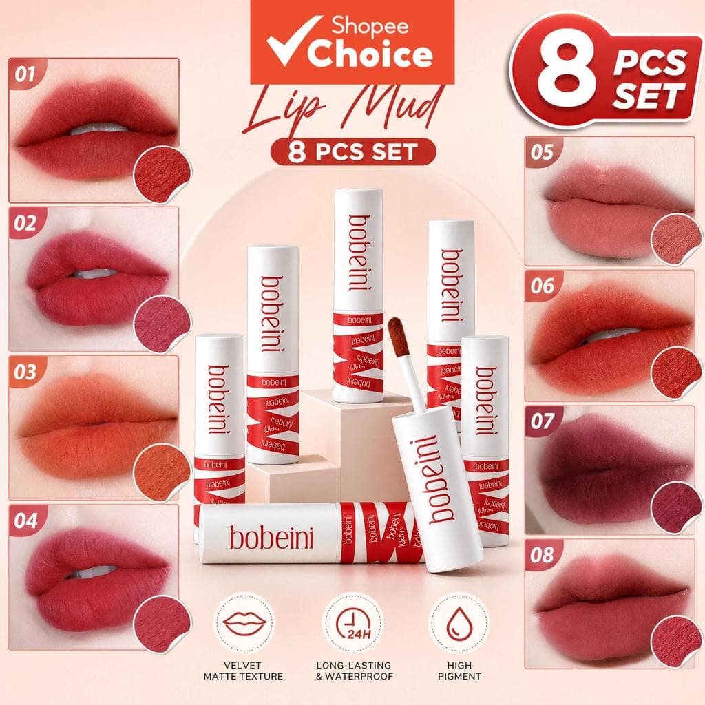Bobeini Conjunto de Batom Líquido Matte 8 Cores Longa Duração à Prova d'Água Kit de Maquiagem