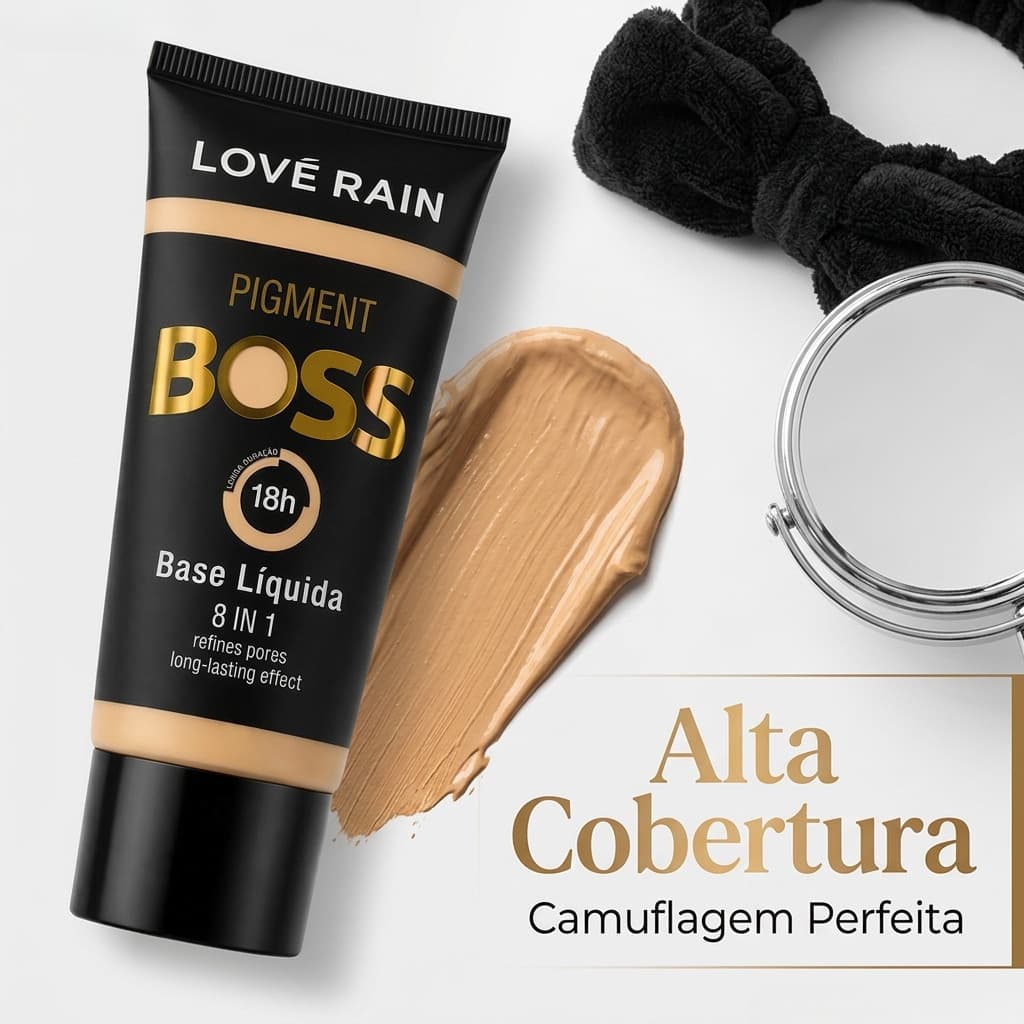 Base Líquida Lové Rain Pro Skin Pele Coreana 8 em 1 - Longa Duração 18h, Acabamento Matte, Alta Cobertura, 30ml