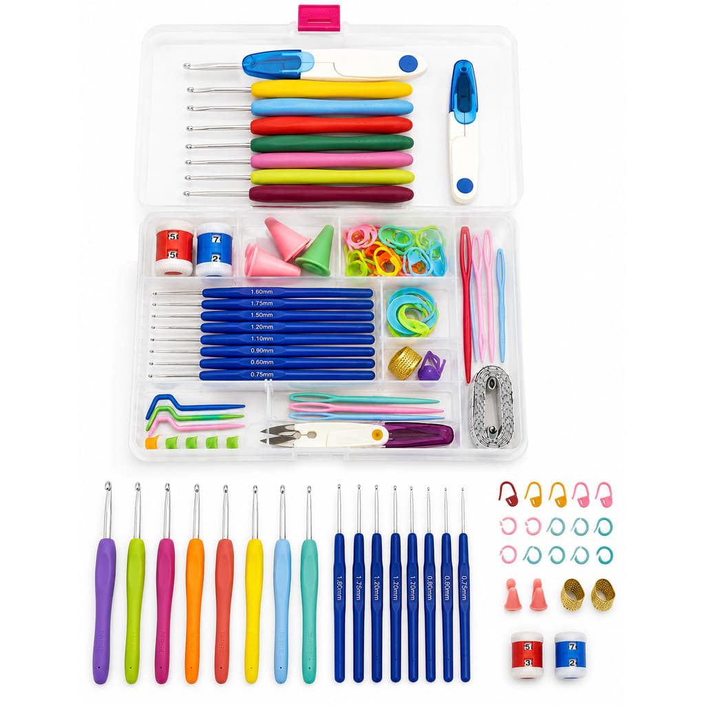 Kit Crochê Completo com Estojo 16 Agulhas Soft e de Aço Fina Amigurumi Tricô e Acessórios