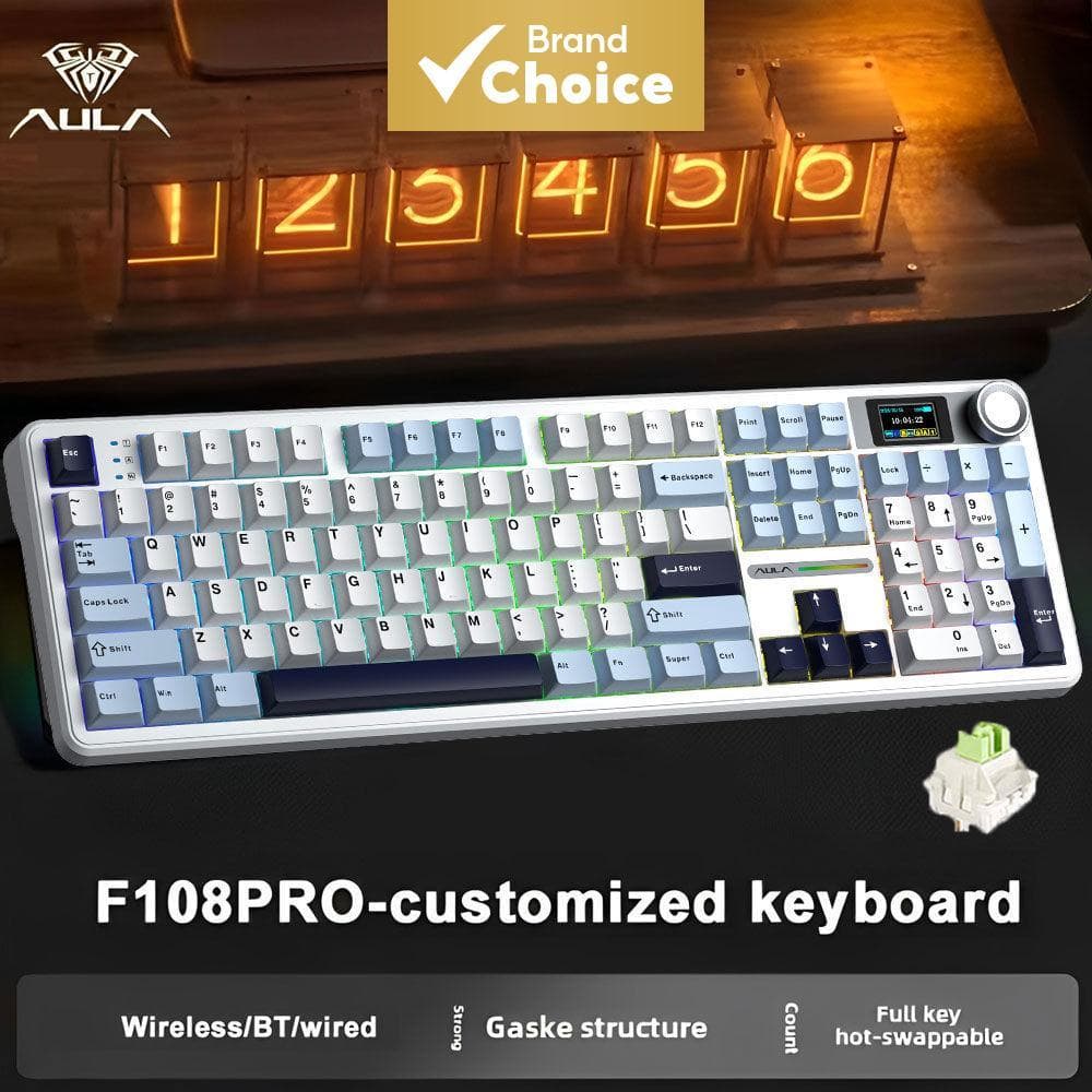 Teclado para jogos mecânico full-size AULA F108 Pro, teclado numérico sem fio de três modos, tela LCD inteligente, botão