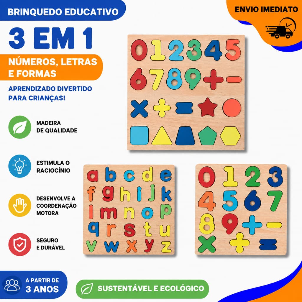 Brinquedo Educativo Premium Alfabeto Números e Formas Geométricas Quebra‑Cabeça Educativo Para Aprendizado Infantil