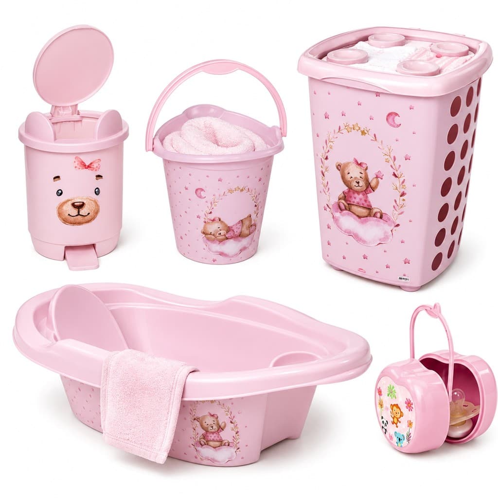 Conjunto Infantil Ursa Rosa Banheira Bebê Cesto Organizador Balde Lixeira 5 Peças - Plasútil