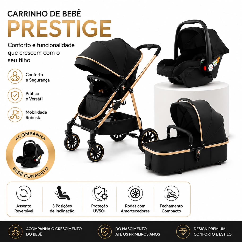 Inclui cesta de dormir e assento de segurança para carro de bebê Carrinho de bebê três em um - Entrega no mesmo dia