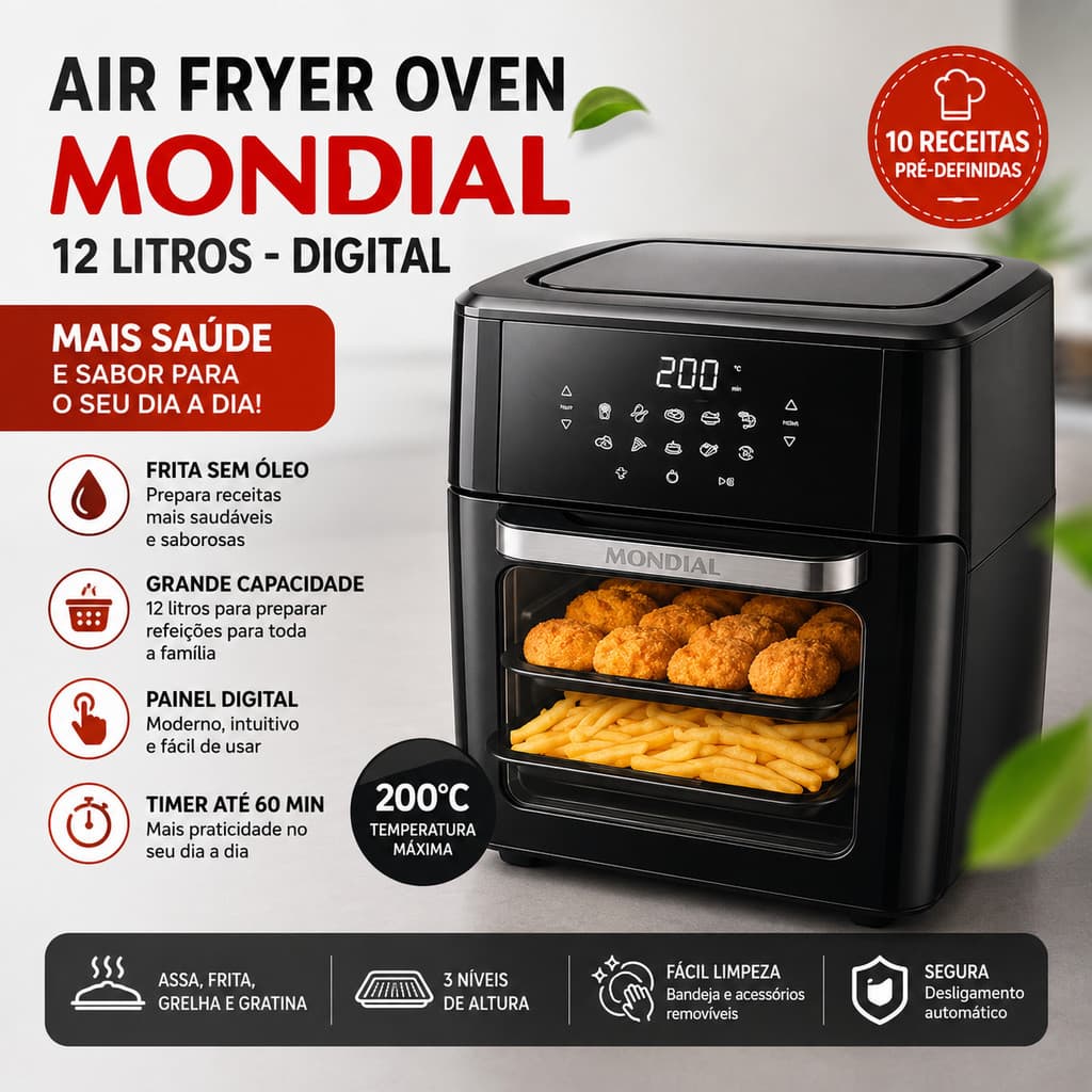 Fritadeira Air Fryer Oven Mondial 12 Litros Painel Digital 2000W - 127VOLTS