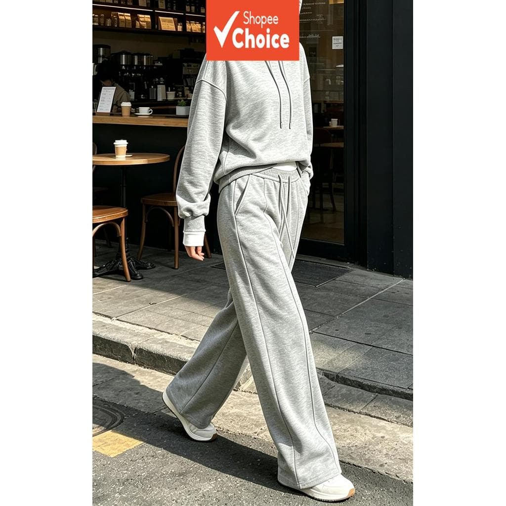 Conjunto de moletom de cor sólida com capuz e calça de moletom extra longa de perna larga, conjunto feminino casual