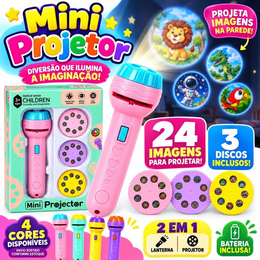 Lanterna Projetora Infantil 2 Em 1 Com 3 Discos 24 Imagens Bateria Inclusa Brinquedo Educativo Envio Sortido 4 Cores