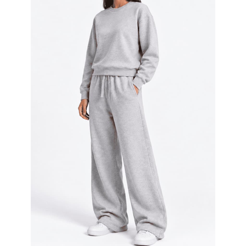 Conjunto Moletom Feminino Blusa Gola Redonda + Calça Wide Leg Pantalona Confortável