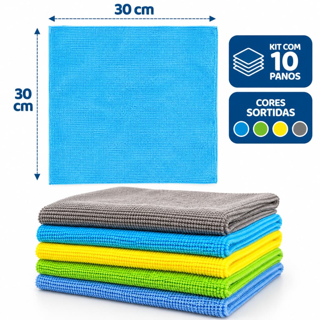 Kit 10 Panos Microfibra 30x30cm Multiuso Limpeza Absorvente Reutilizável Para Carro Casa Cozinha Vidros Móveis