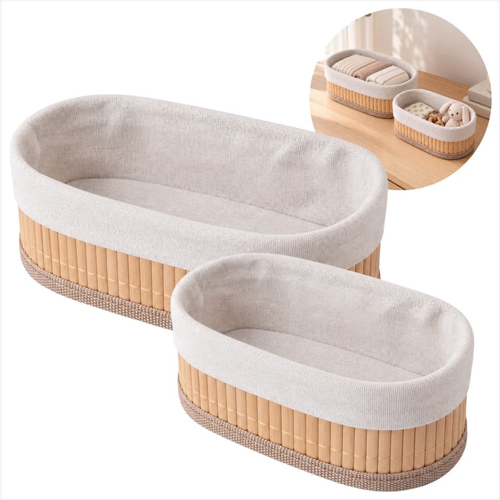 Kit Organizador 2 Cestos Ovais Em Bambu Para Bancada Quarto Banheiro Sala E Decoração