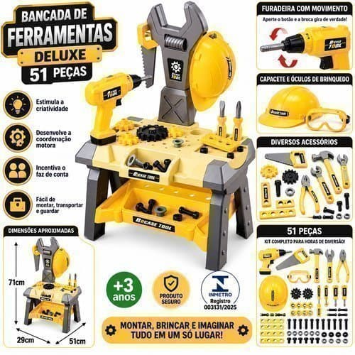 Kit Brinquedo Ferramentas Infantil Completo 51 Pecas Furadeira Acessorios Educativo Criativo Divertido