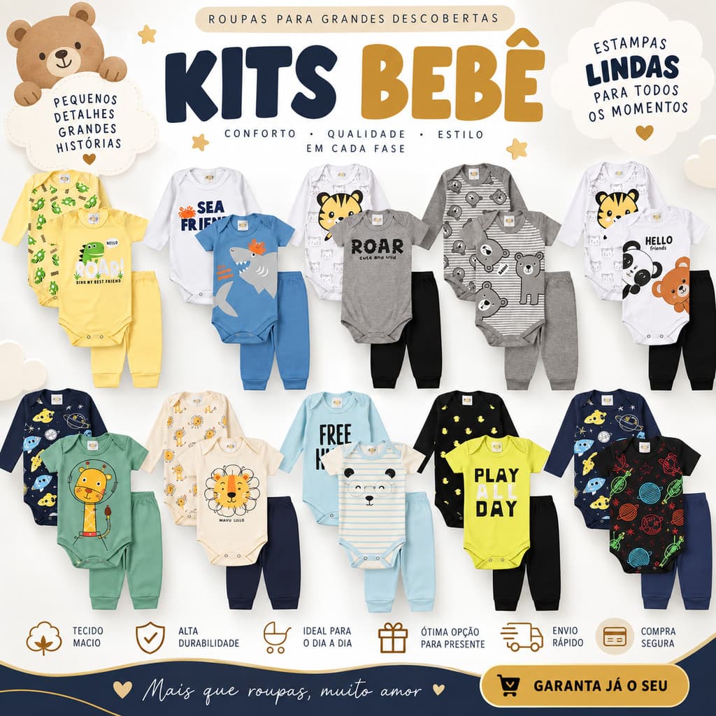 Kit Enxoval Menino 9 Peças Body e Mijão Algodão Macio Ideal Maternidade Presente Bebê RN