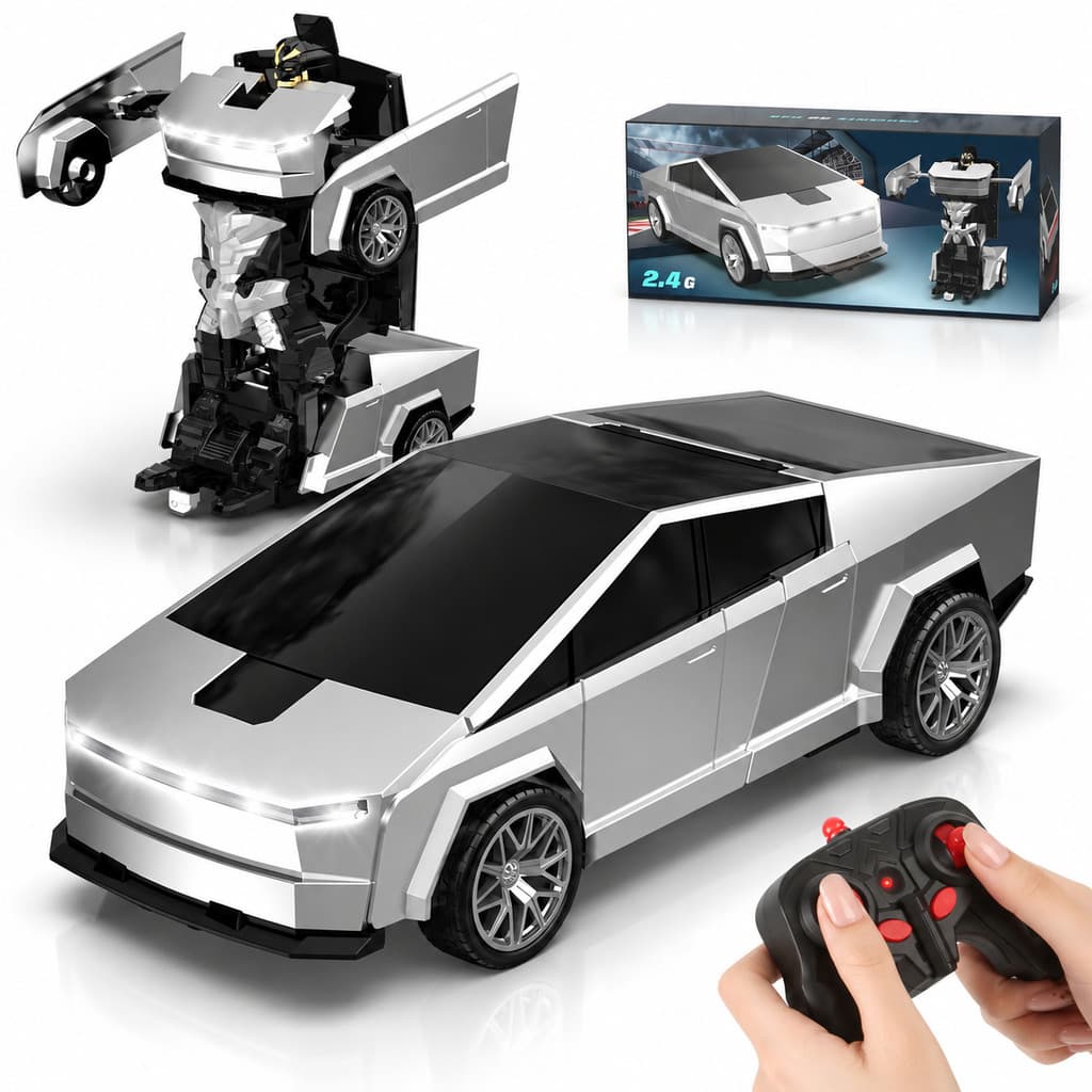 Carrinho Robô Controle Remoto Recarregável 2,4GHz Gira 360 Graus Luzes LED Vira Robô Prata Menino Kizumba