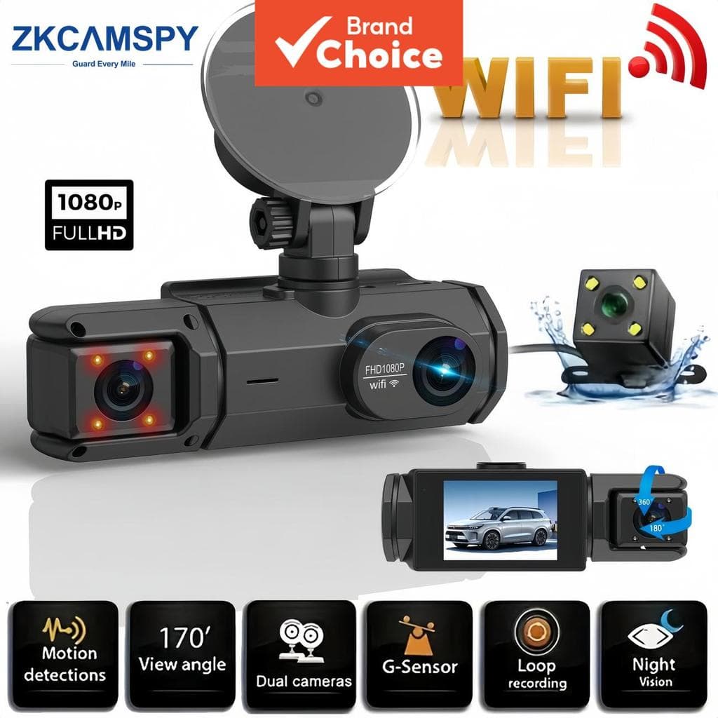 Câmera 1080P WIFI para Carros Dash Cam 3/2 Canais Frente Interior Traseira DVR Veículo com Visão Noturna Infravermelha
