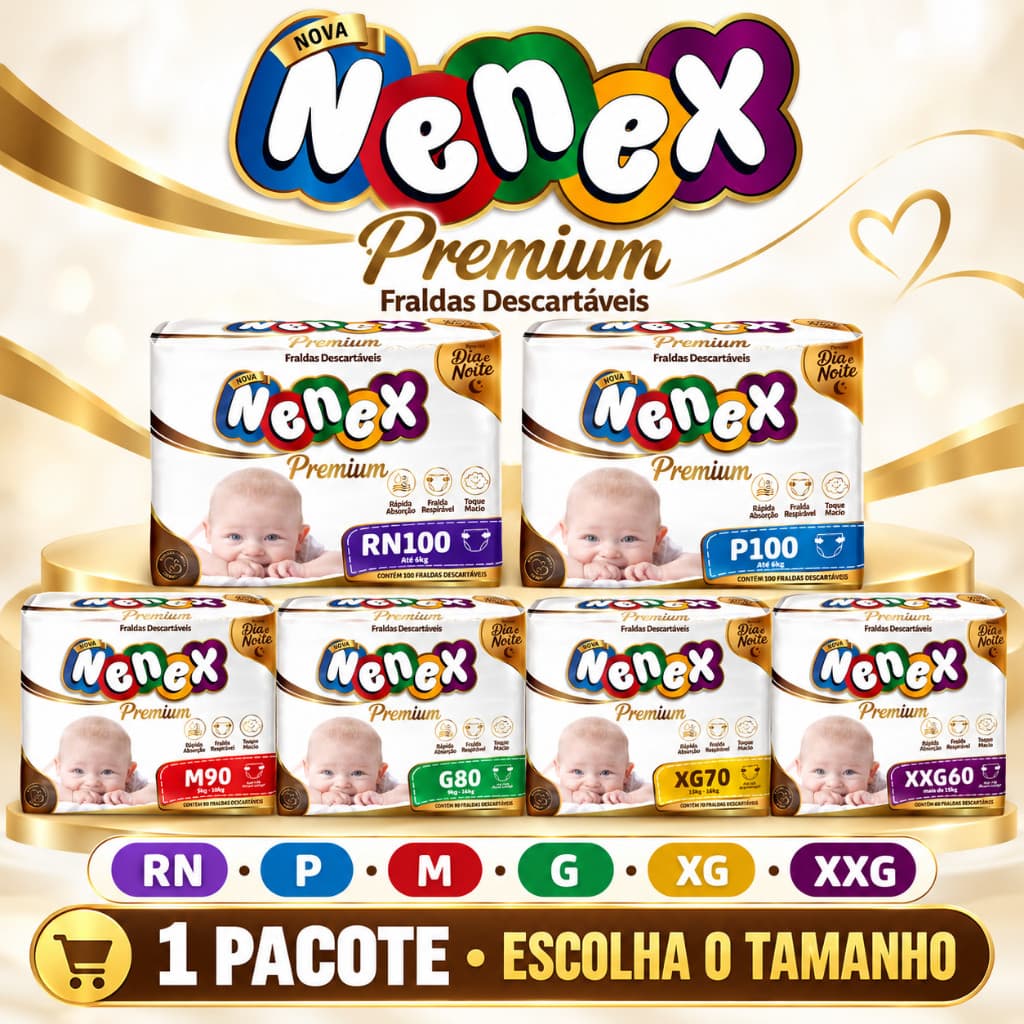 Fralda Descartável Infantil Nenex Premium Dia e Noite RN P M G XG XXG 1 Pacote