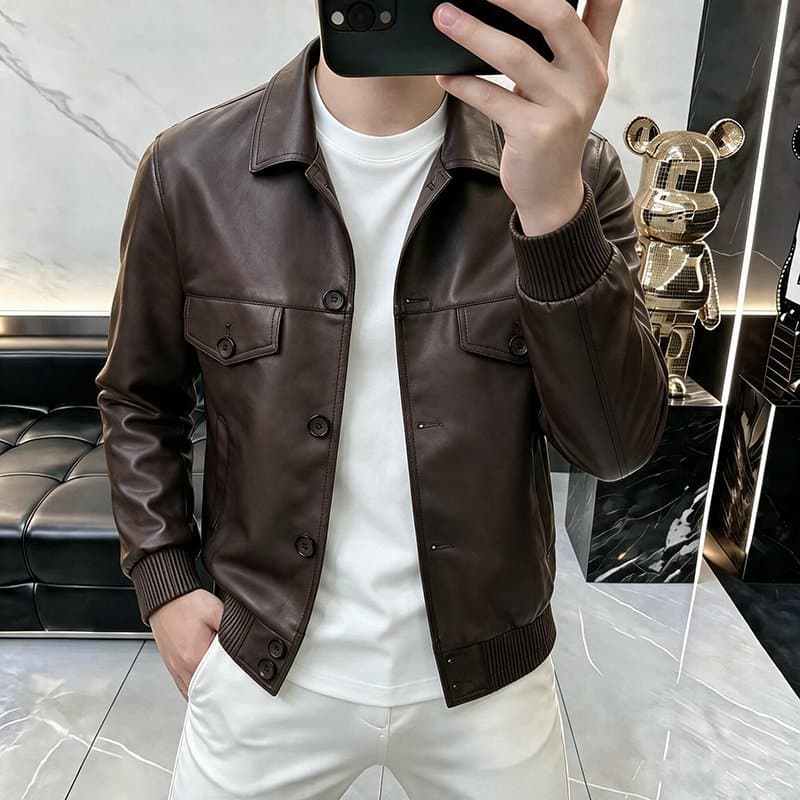 Jaqueta de couro PU masculina jaqueta de couro Slim fit 2026 jaqueta de lapela retrô jaqueta moderna de manga comprida m