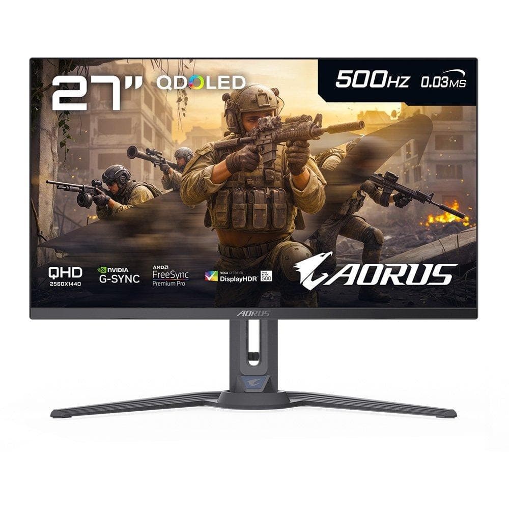 Monitor Gamer Gigabyte AORUS QD-OLED 27", QHD, 500Hz, 0.03ms, G-Sync, FreeSync Premium Pro, USB-C, Preto - FO27Q5P
