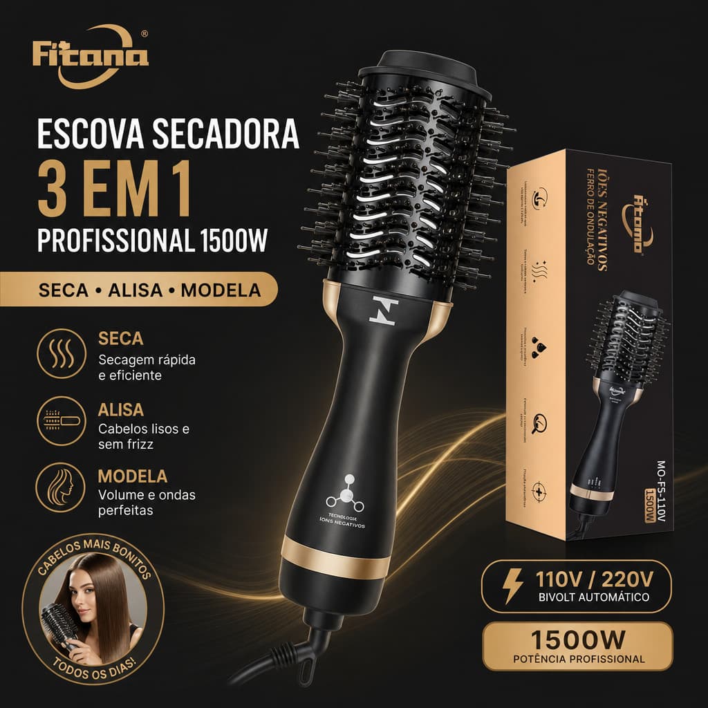 Escova Secadora e Alisadora 3 em 1 Profissional 1500W Bivolt Automático, Íons Negativos, Seca Alisa e Modela Cabelo