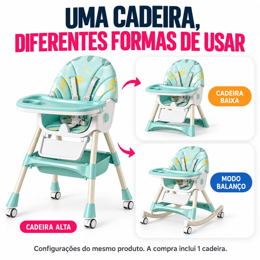Cadeira de Alimentação Bebê 6 em 1 Multifuncional Dobrável Ajustável Infantil