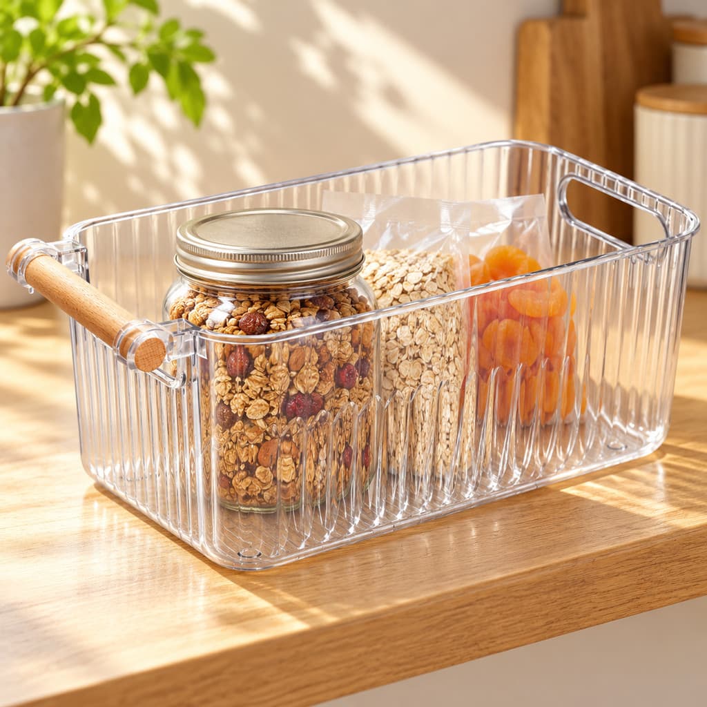 Cesto Organizador Transparente de PET com Alça de Madeira 28,5 cm para Banheiro e Cozinha