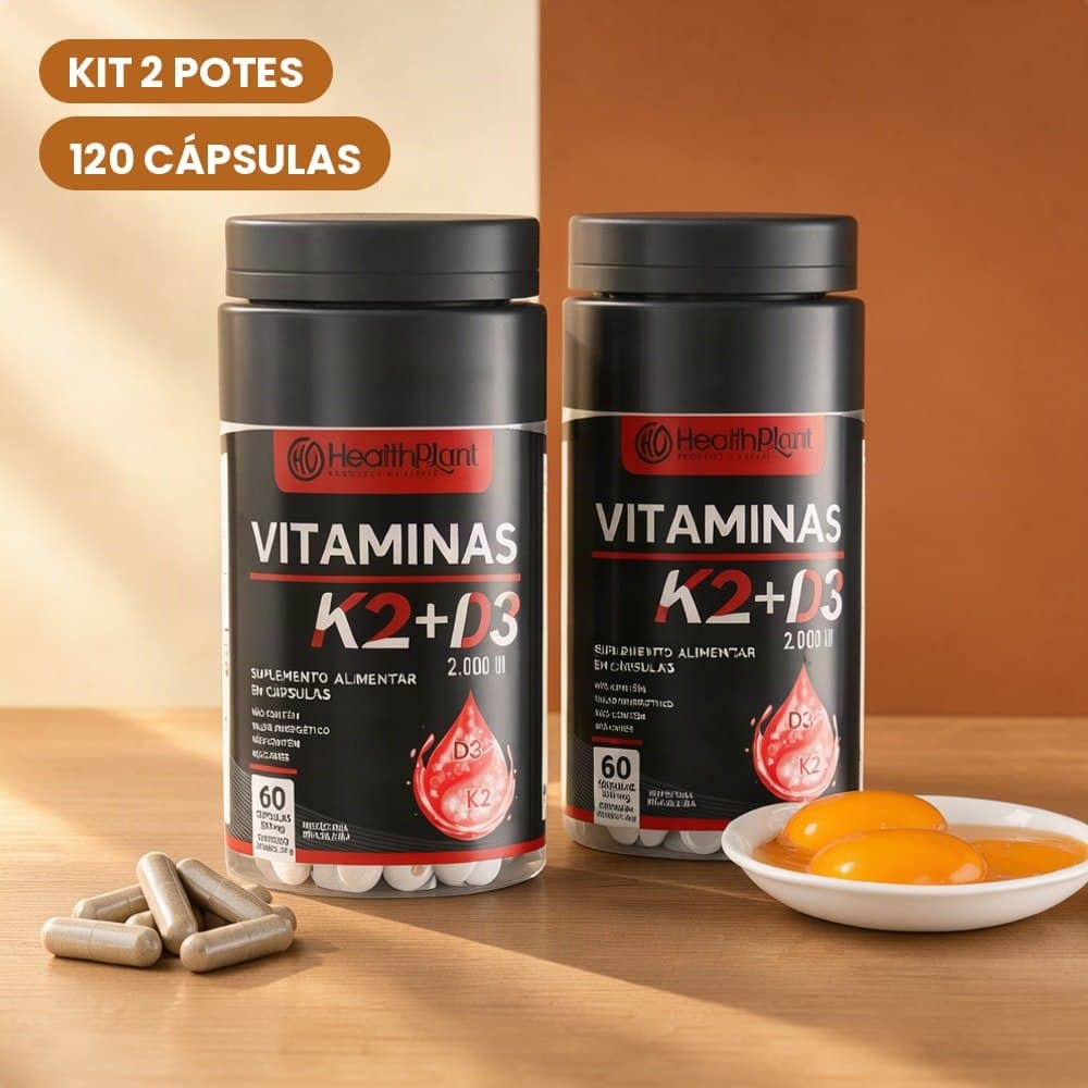 Suplemento Vitamina K2 + Vitamina D3 2000UI Kit 2 Potes 120 Cápsulas 500mg