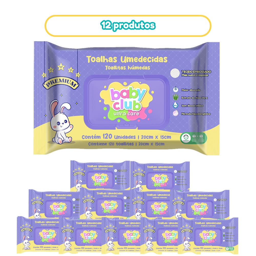 Kit 12  Pacotes Toalhas Umedecidas Premium 120 Folhas Cada Baby Club