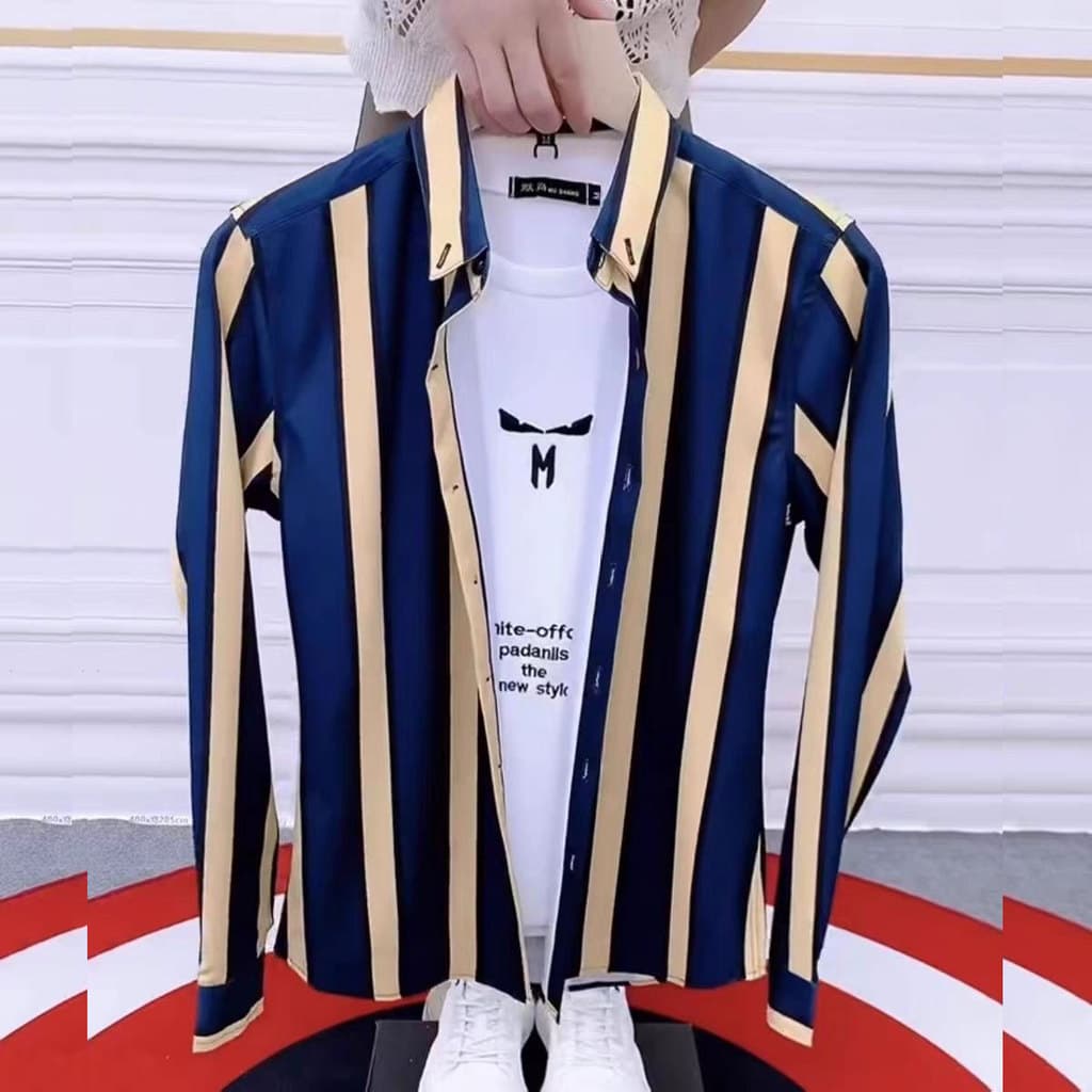 Camisa listrada de verão masculina de manga comprida Slim fit na moda camisa Casual Social cara roupas masculinas influe