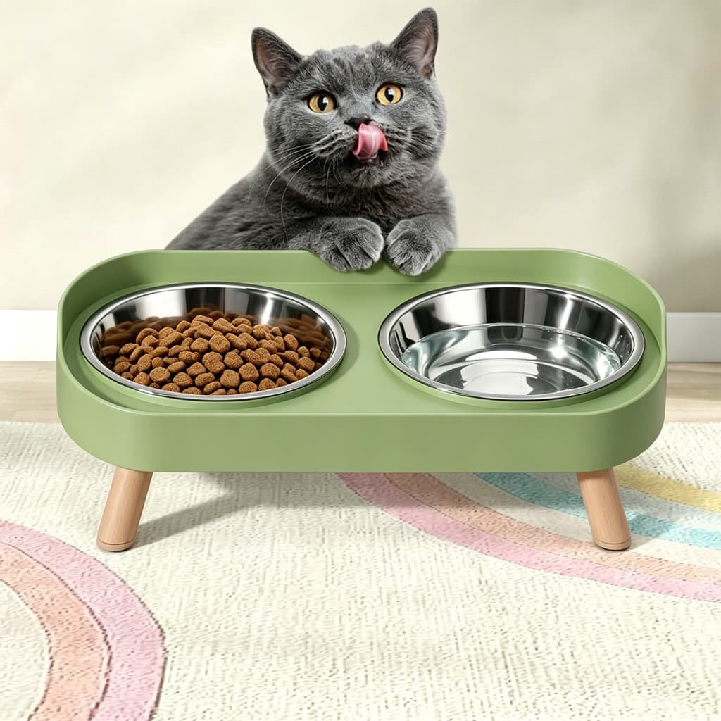 Tigela Dupla Elevada Aço Inoxidável 8cm Pet Gato Cachorro Base Antiderrapante Sem Derramamento de Ração