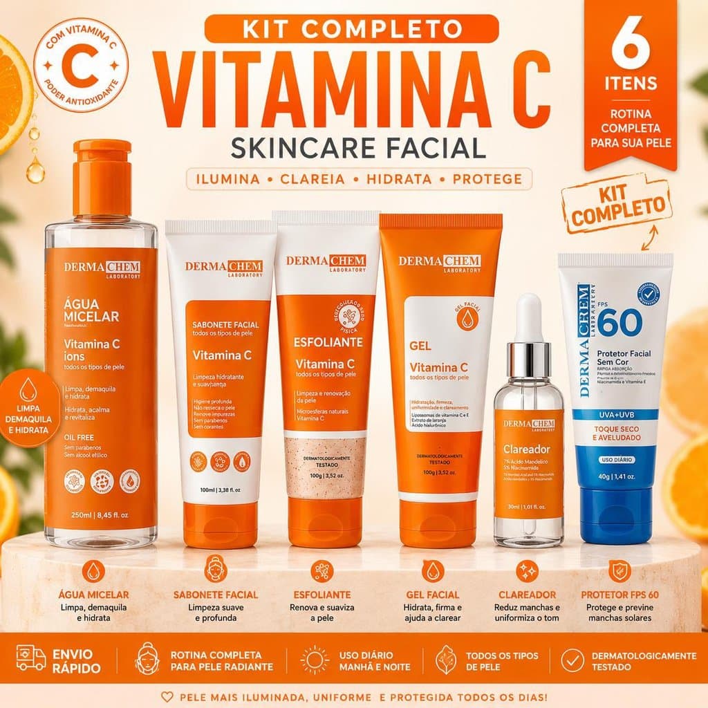 Kit Completo Vitamina C Dermachem Sérum Água Micelar Gel Facial Sabonete Esfoliante Protetor Solar