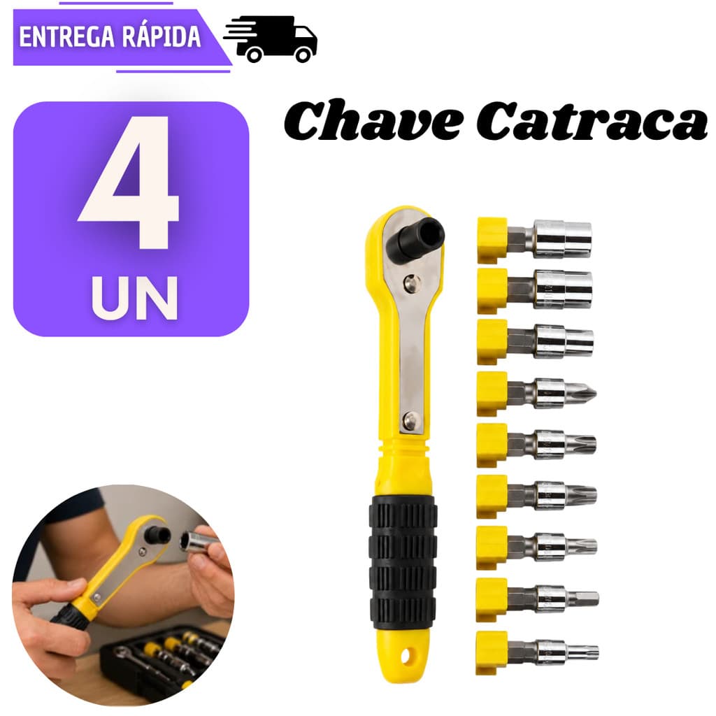 Jogo 4 Chave Catraca 19 Peças Com Soquetes E Bits Multiuso Sextavados Ferramentas Canhão Manutenção