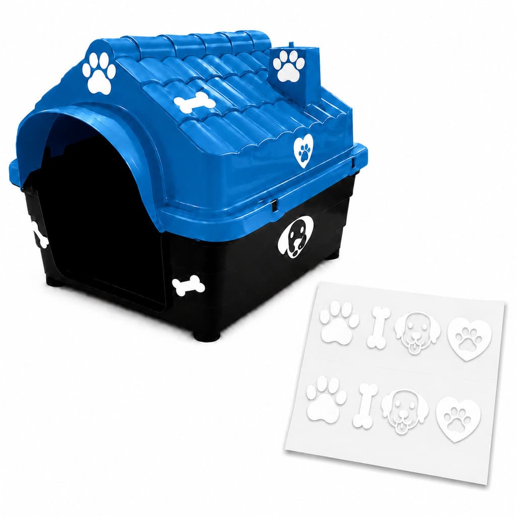 Casa Casinha Pet Grande N5 Azul + Adesivos Decorável Pet