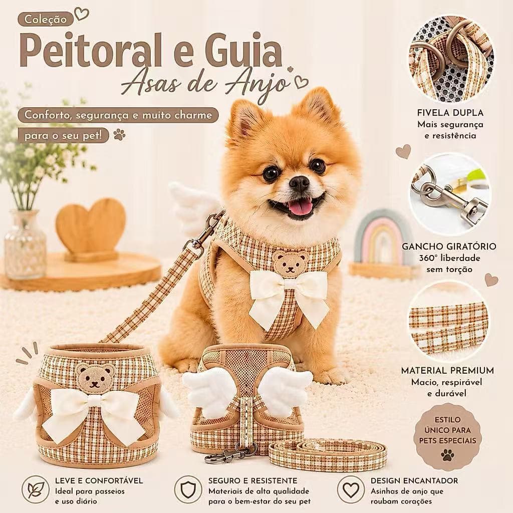 Coleira Peitoral Para Cachorro Com Guia Asas De Anjo Respirável Ajustável Para Cães e Gatos Pequeno Porte