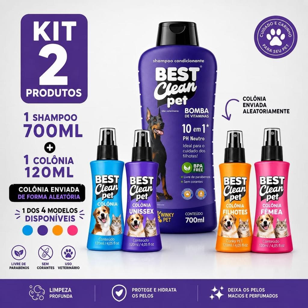 Kit Shampoo Condicionante Best Clean Pet 10 em 1 700ml + Colônia Pet 120ml pH neutro sem parabenos para cães e gatos