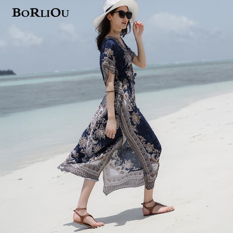 Vestido boêmio mais fino olhar beira-mar praia vestido férias vestido longo Thai Street Wear estilo étnico feminino verã