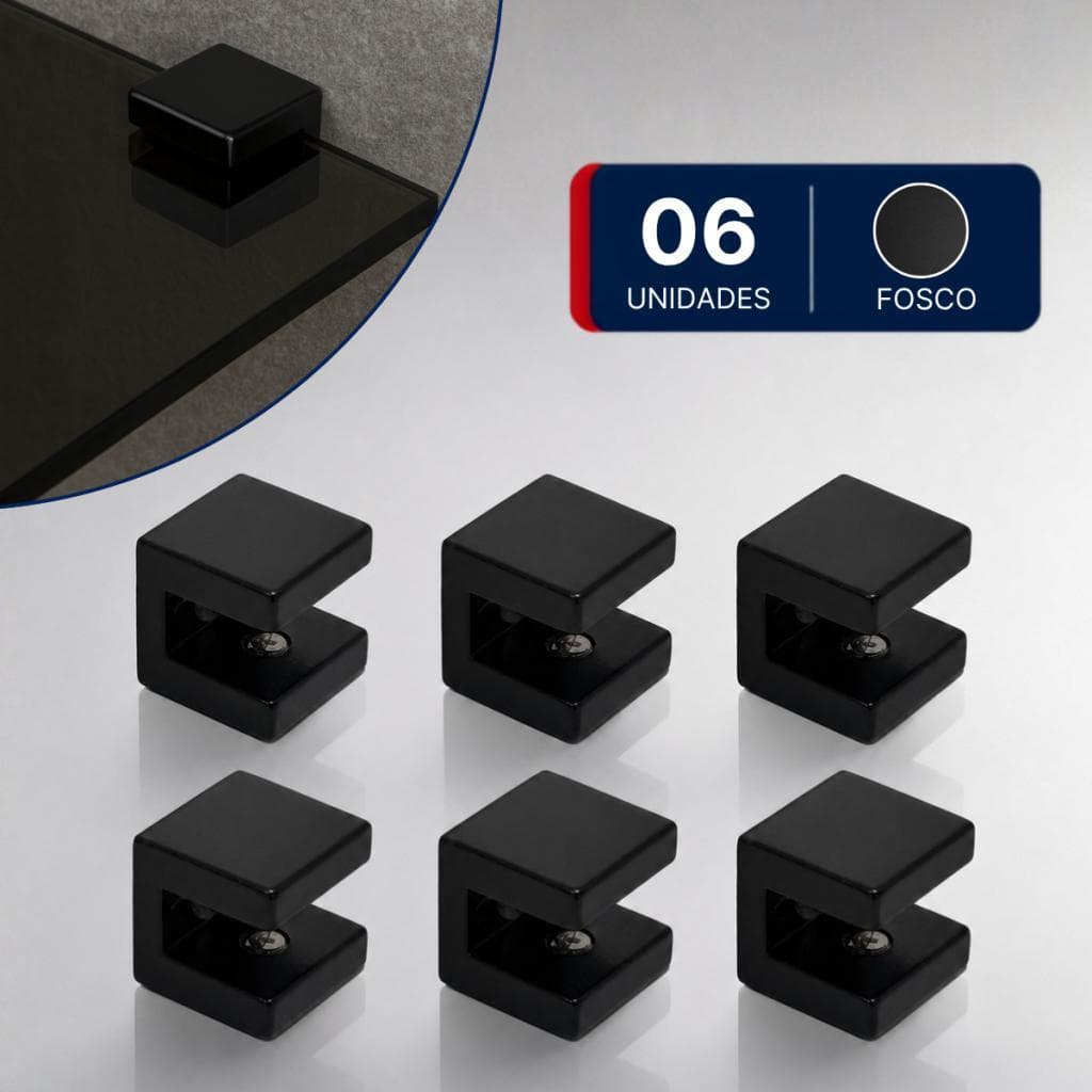 Suporte Fenda Preto 6mm Kit 6 Unidades Prateleira Vidro Fixação Segura Parede