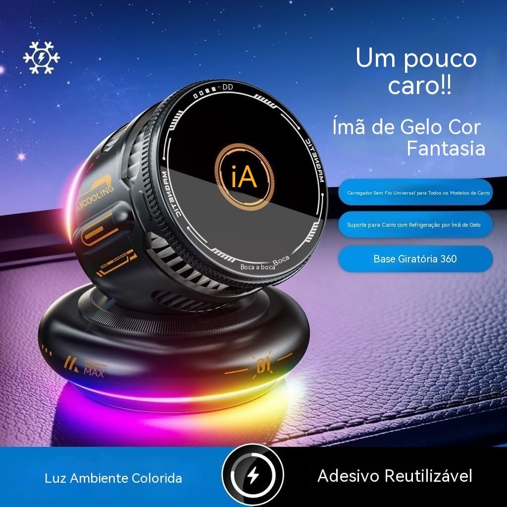 Suporte Magnético para Carro com Carregamento Sem Fio de 15W, Ventilador de Resfriamento Magnético para Carro, Iluminaçã