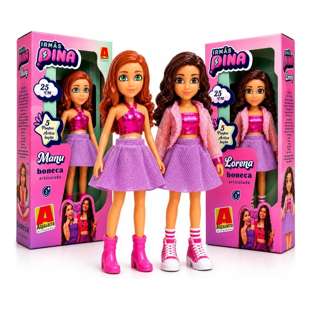 Kit Bonecas Irmãs Pina Manu + Lorena 25cm Articulada Oficial.