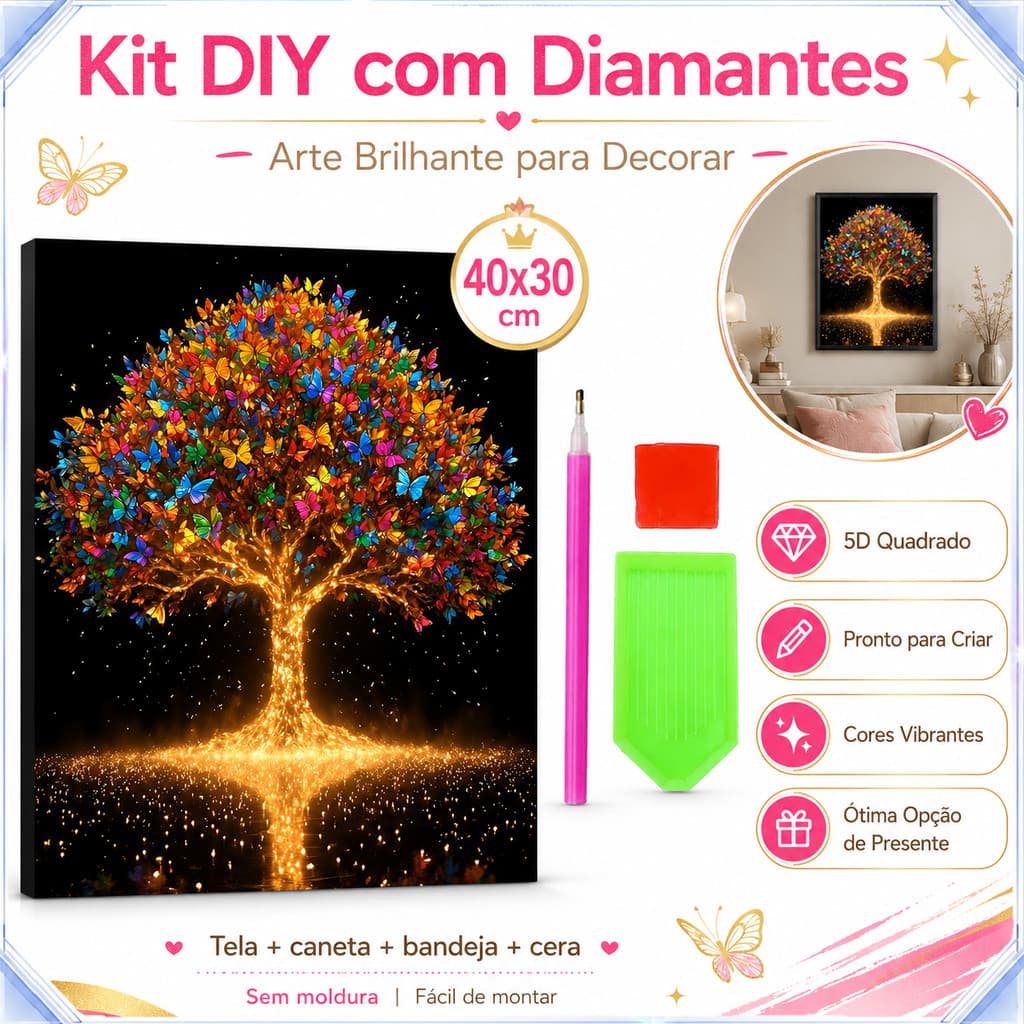 Kit Pintura Diamante 5D DIY Árvore da Vida Borboletas Coloridas 40x30cm