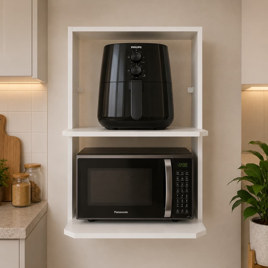 Nicho Branco Para Microondas Forno Eletrico E Air Fryer Com Prateleira Aerea E Suporte De Parede MDF Preto