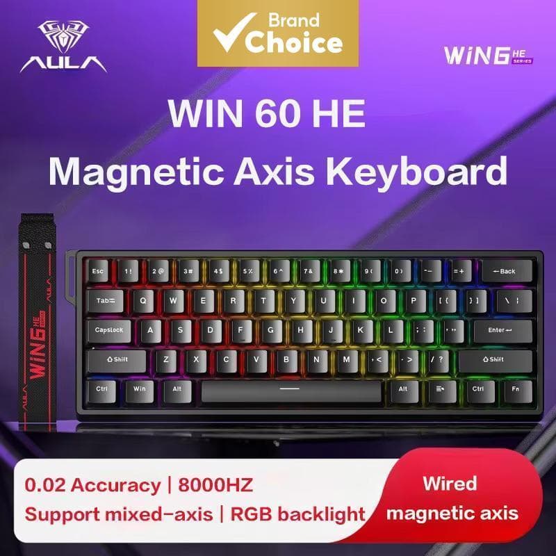 Teclado Mecânico Magnético de Eixo com Fio Preto AULA Win 60HE, Personalizável, para Jogos FPS, com RGB