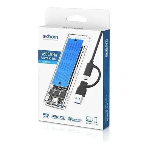 Case Externo Exbom Para Ssd M.2 Nvme Transparente Usb 3.1 Type-c 10gbps Transparência