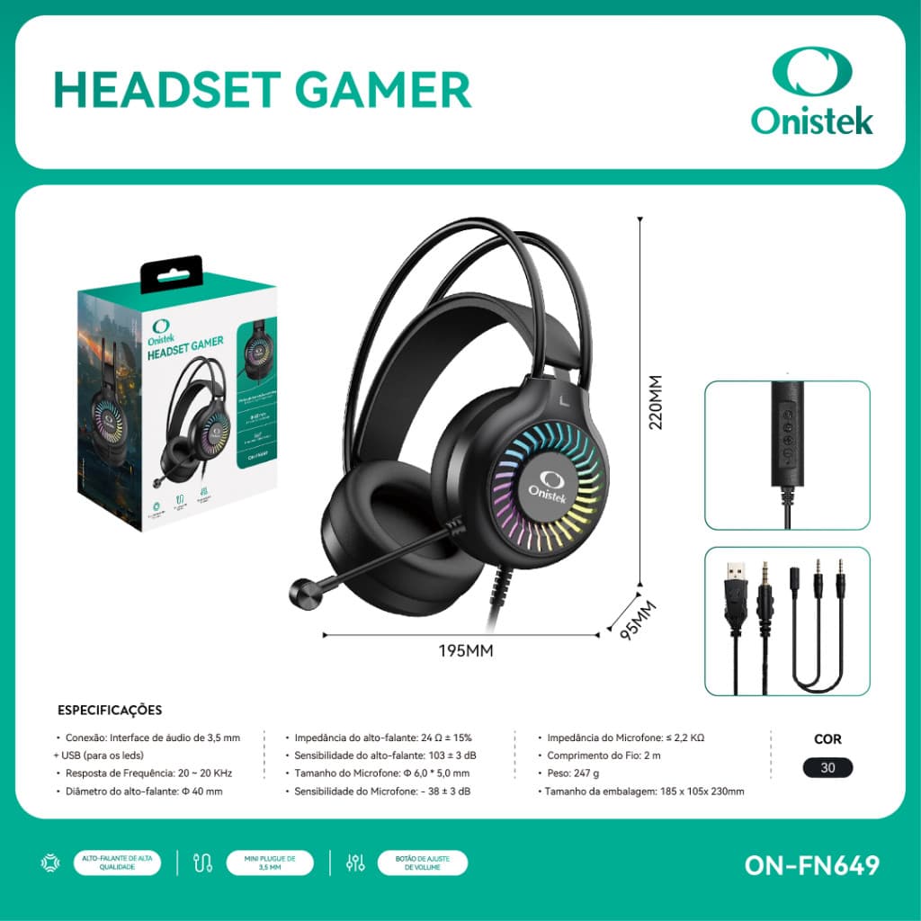 Headphone Gamer RGB Onistek ON-FN649 com Fio 2m Microfone USB P2 para Notebook PC