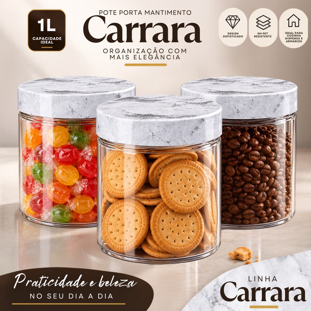 Kit Pote Porta Mantimentos Organizador De Cozinha Multiuso para Alimentos e Mantimentos 1L Mármore