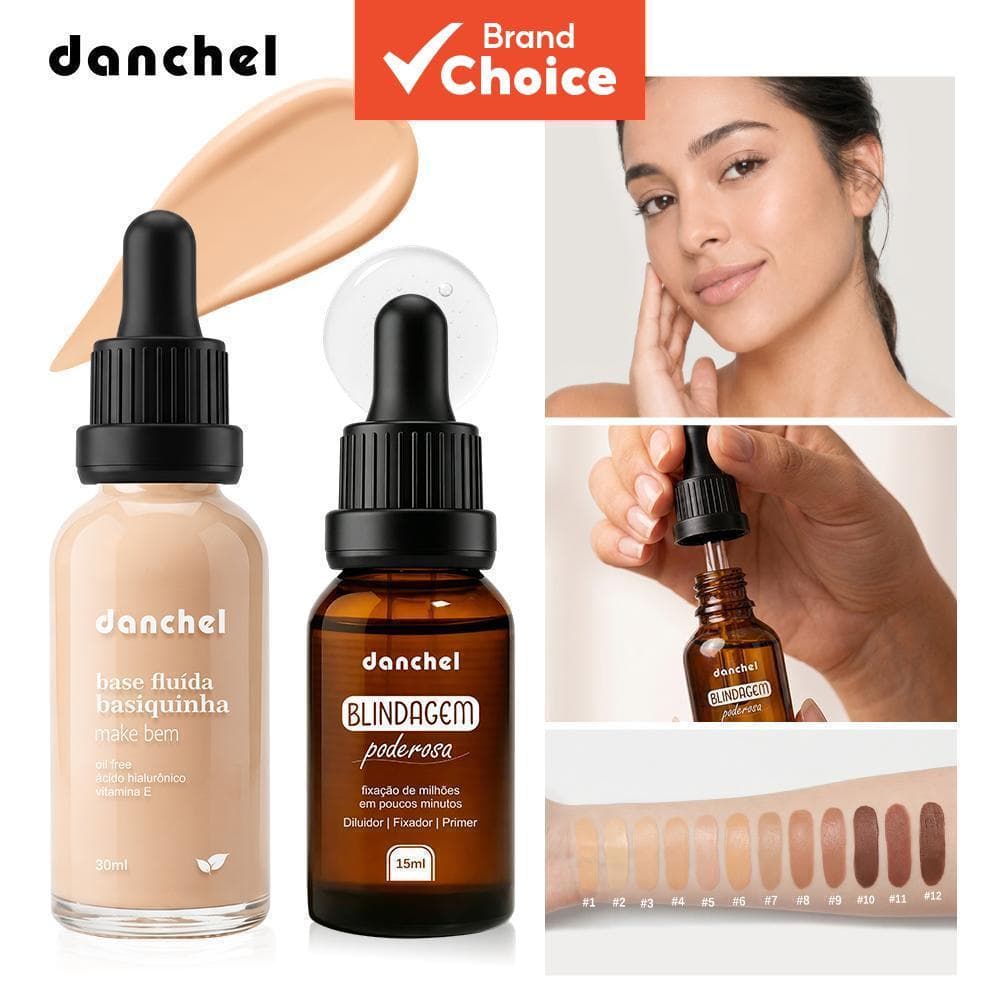 Conjunto de Maquiagem Danchel: Base Líquida de Vitamina E + Primer Fixador Multifuncional, Cobertura Leve e Construível,