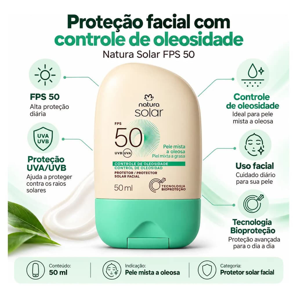 Protetor Solar Facial Natura Solar FPS 50 Pele Mista Oleosa 50ml Controle Oleosidade