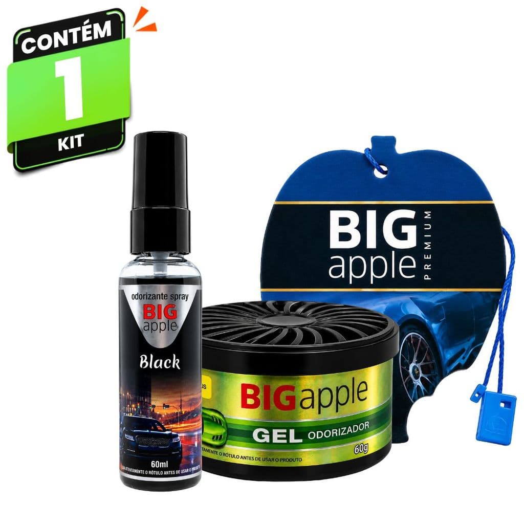Kit Trio Fresh Car Big Apple Carro Novo Black Citrus Sachê Spray 60ml Gel 70g Para Carro