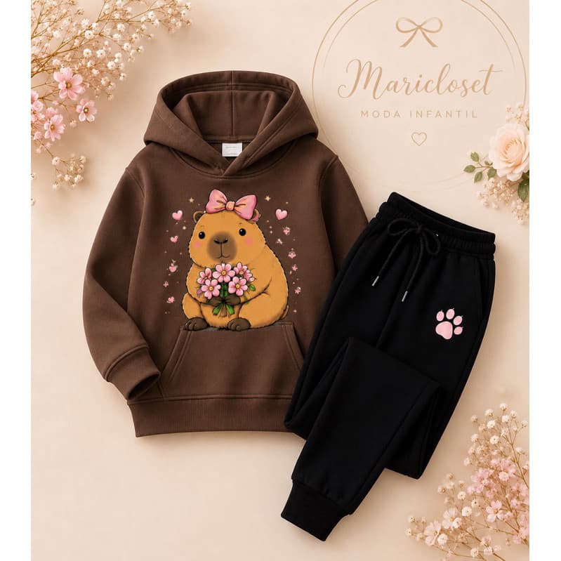 Conjunto Moletom Flanelado Infantil Capivara com Flores Feminino Moletom  Inverno