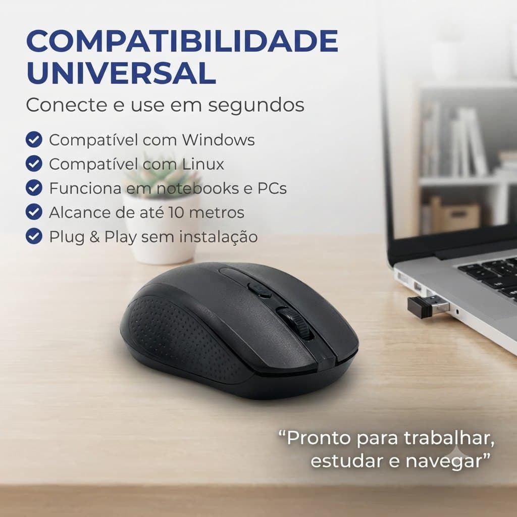 Mouse Sem Fio Knup Preto Wireless USB 2.4GHz 1600dpi Para Notebook PC Windows Linux Home Office