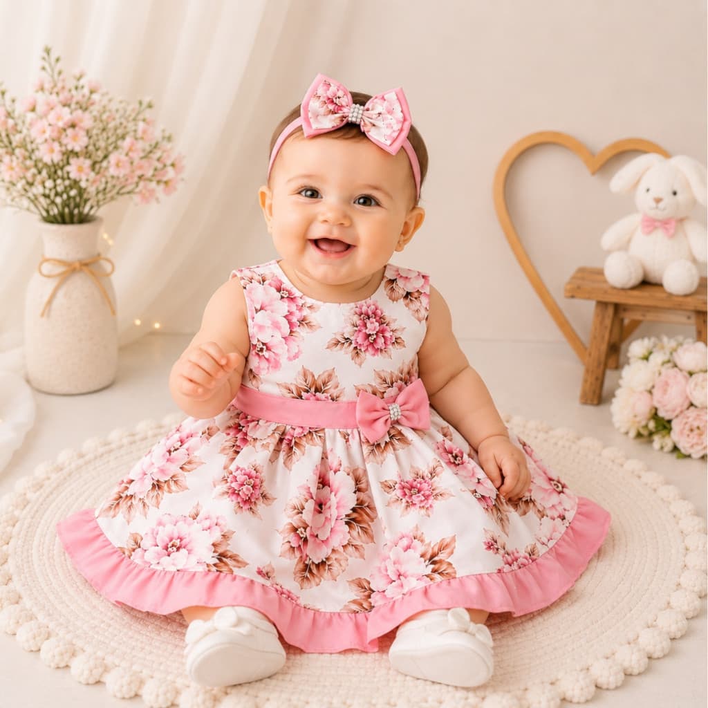 Vestido Infantil Bebê Menina Ariele Com Tiara P ao 3 Anos Roupas Infantil Feminina 100% Algodão